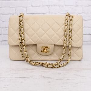 Chanel Classic Double Flap Cream Lambskin Leather Shoulder Handbag Purse A5109